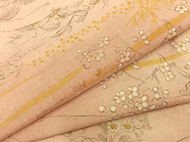 平和屋着物▽上質な紬 単衣 手描き 風景草花文 正絹 逸品 AABA7489fy