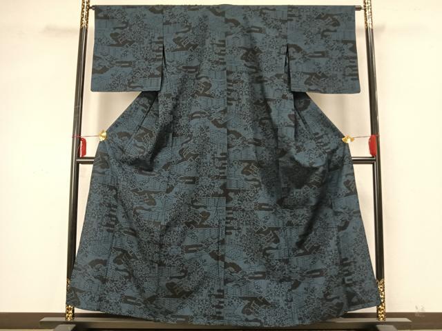 平和屋着物▽本塩沢 単衣 風景草花文 正絹 逸品 AABA7492fy