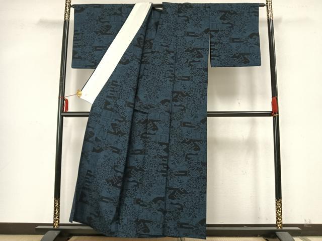 平和屋着物▽本塩沢 単衣 風景草花文 正絹 逸品 AABA7492fy