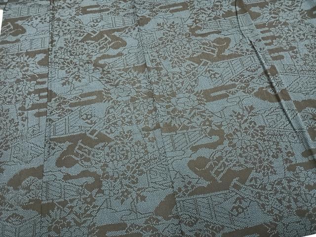 平和屋着物▽本塩沢 単衣 風景草花文 正絹 逸品 AABA7492fy