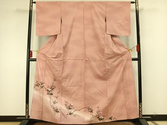 平和屋着物▽訪問着 単衣 紬地 手描き 枝花文 正絹 逸品 AABA7545fy
