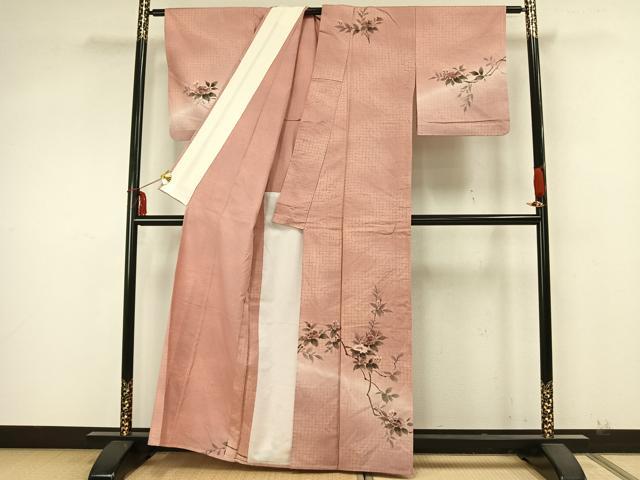平和屋着物▽訪問着 単衣 紬地 手描き 枝花文 正絹 逸品 AABA7545fy