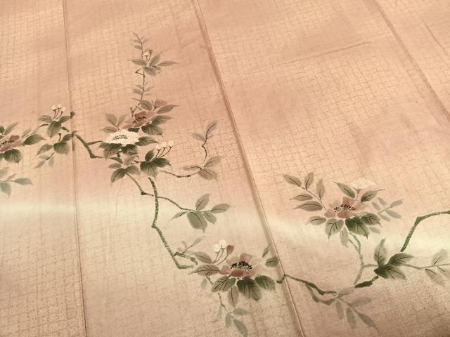 平和屋着物▽訪問着 単衣 紬地 手描き 枝花文 正絹 逸品 AABA7545fy