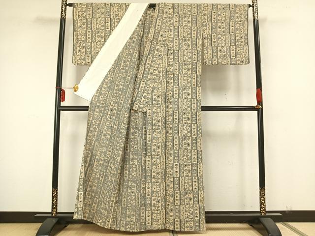 平和屋着物▽上質な紬 単衣 色紙草花文 正絹 逸品 AABA7554fy