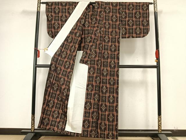 平和屋着物▽上質な紬 単衣 絣柄 正絹 逸品 AABA7569fy