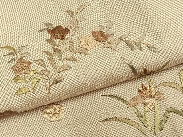 平和屋着物▽訪問着 単衣 生紬 総刺繍 草花文 金糸 反端付き 正絹 逸品 AABA7584fy