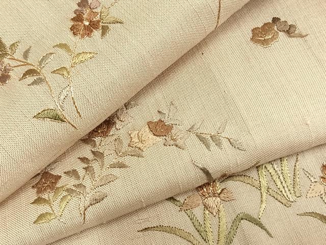 平和屋着物▽訪問着 単衣 生紬 総刺繍 草花文 金糸 反端付き 正絹 逸品 AABA7584fy