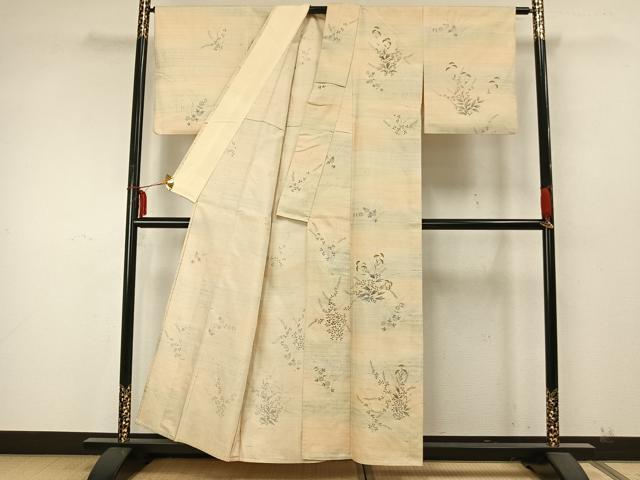 平和屋着物▽訪問着 単衣 紬地 手描き 刺繍 草花文 正絹 逸品 AABA7618fy