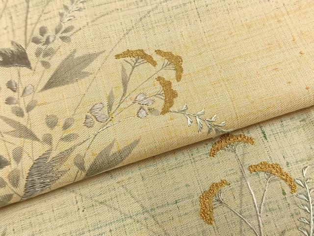 平和屋着物▽訪問着 単衣 紬地 手描き 刺繍 草花文 正絹 逸品 AABA7618fy