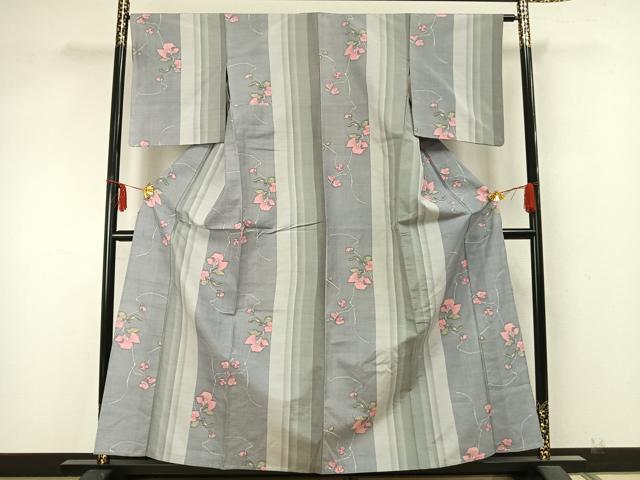 平和屋着物▽上質な紬 単衣 草花間道 正絹 逸品 AABA7636fy