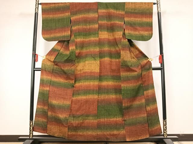 平和屋着物▽上質な紬 単衣 横段文 正絹 逸品 AABA7637fy