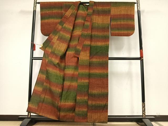 平和屋着物▽上質な紬 単衣 横段文 正絹 逸品 AABA7637fy