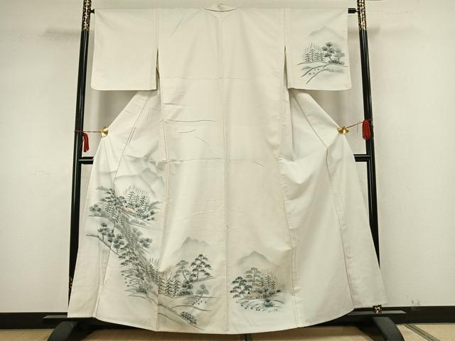 平和屋着物▽訪問着 単衣 紬地 手描き 風景文 正絹 逸品 AABA7696fy