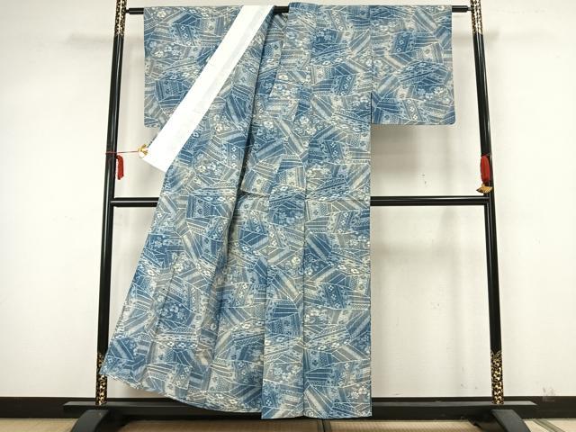 平和屋着物▽上質な紬 単衣 切嵌花文 正絹 逸品 AABA7697fy