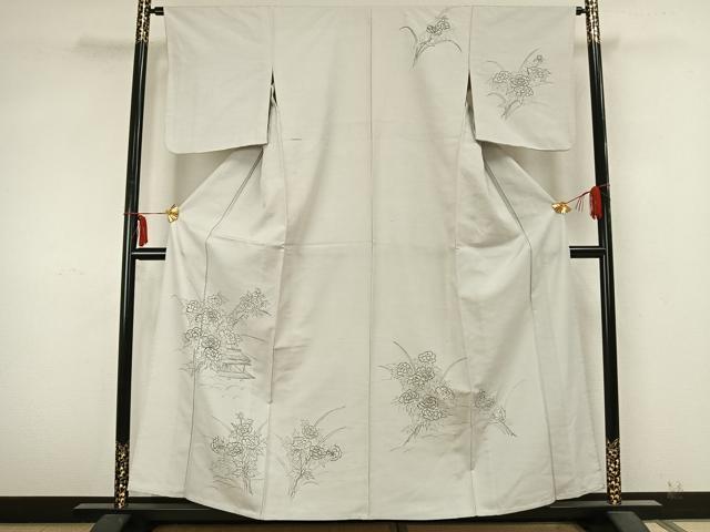 平和屋着物▽訪問着 単衣 紬地 手描き 風景草花文 正絹 逸品 AABA7711fy