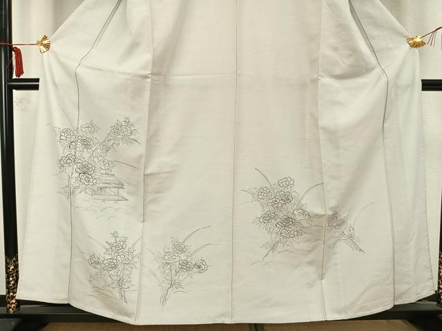 平和屋着物▽訪問着 単衣 紬地 手描き 風景草花文 正絹 逸品 AABA7711fy