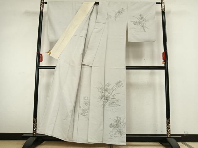 平和屋着物▽訪問着 単衣 紬地 手描き 風景草花文 正絹 逸品 AABA7711fy