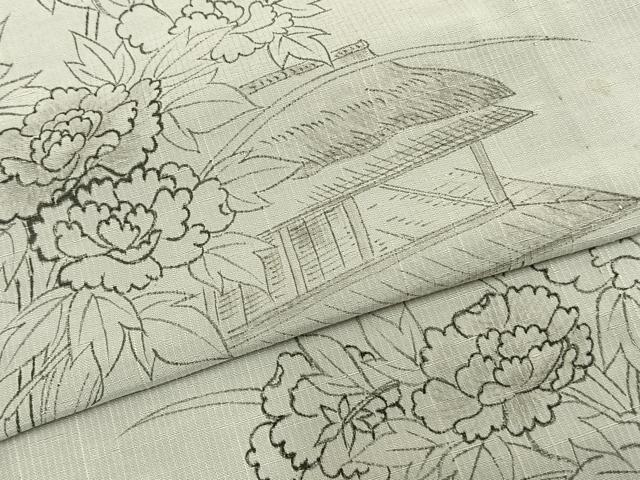 平和屋着物▽訪問着 単衣 紬地 手描き 風景草花文 正絹 逸品 AABA7711fy
