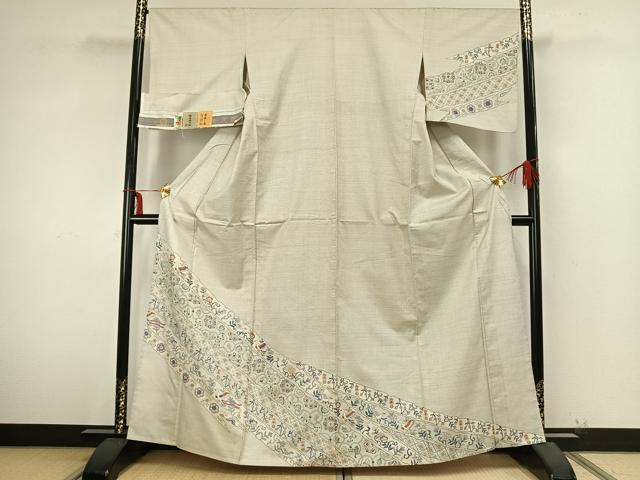 平和屋着物▽本場大島紬 訪問着 単衣 白大島 100亀甲 花鳥文 反端付き 正絹 逸品 AABA7721fy