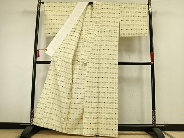 平和屋着物▽上質な紬 単衣 幾何学文様 正絹 逸品 AABA7768fy