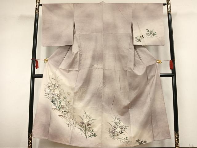 平和屋着物▽訪問着 単衣 紬地 手描き 草花文 金彩 正絹 逸品 AABA7790fy