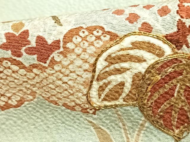 平和屋着物▽結城紬 単衣 作家物 花唐草文 金糸 金彩 正絹 逸品 AABA7793fy