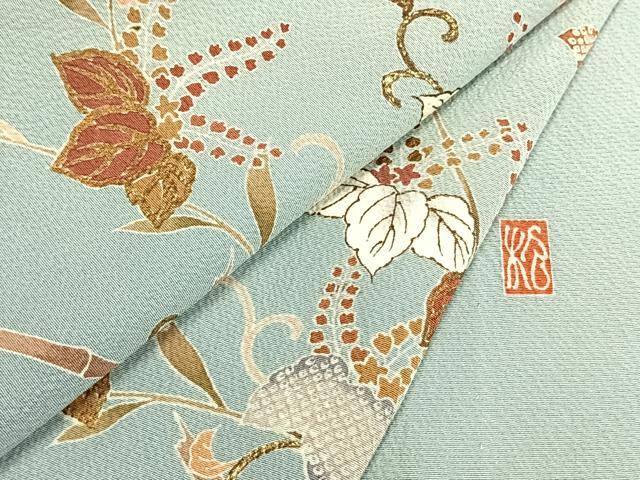 平和屋着物▽結城紬 単衣 作家物 花唐草文 金糸 金彩 正絹 逸品 AABA7793fy