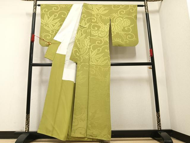 平和屋着物●上質な色無地 花唐草地紋 抹茶色 正絹 逸品 AABA7855ph