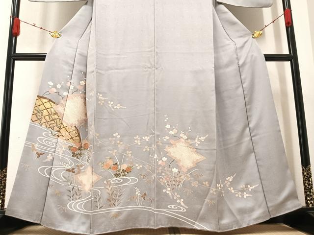 平和屋着物●訪問着 絞り 流水枝花籬文 金彩 正絹 逸品 AABA7873ph