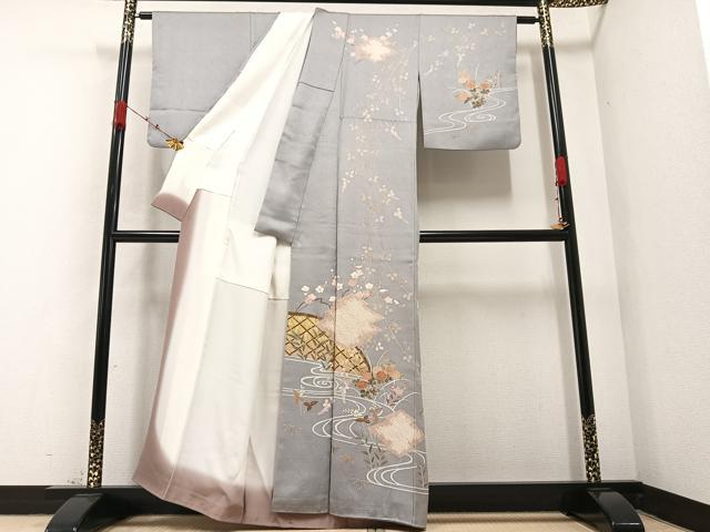 平和屋着物●訪問着 絞り 流水枝花籬文 金彩 正絹 逸品 AABA7873ph