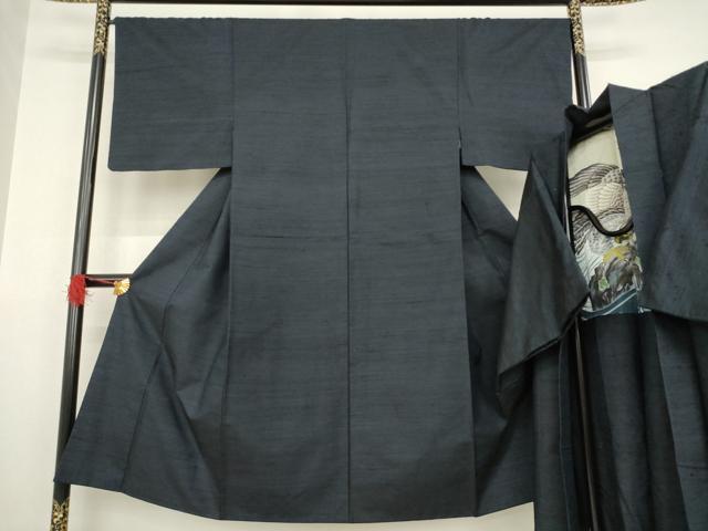 平和屋着物●男性 紬 アンサンブル 藍鉄色 正絹 逸品 AABA7998ck