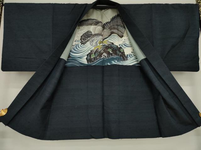 平和屋着物●男性 紬 アンサンブル 藍鉄色 正絹 逸品 AABA7998ck