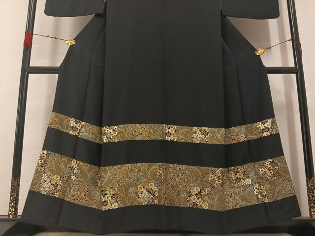 平和屋着物●訪問着 草花文 黒地 金彩 正絹 逸品 AABA8226ph