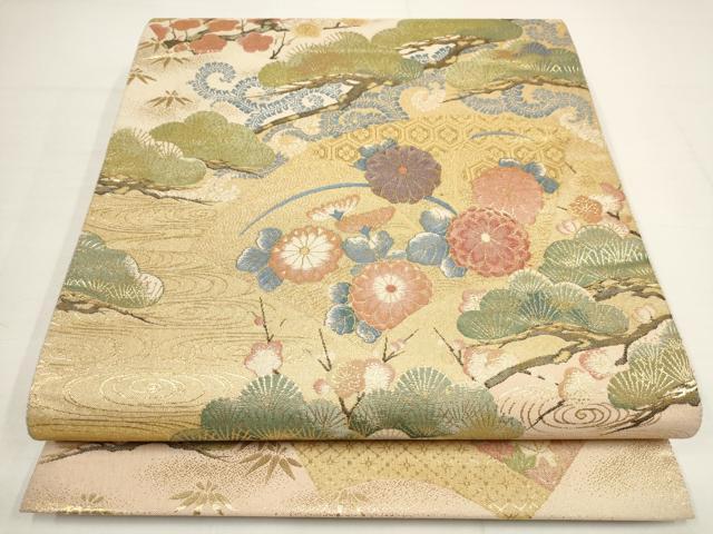平和屋着物▼六通柄袋帯 加賀松禽 松竹梅 金糸 正絹 逸品 AABA8332wj