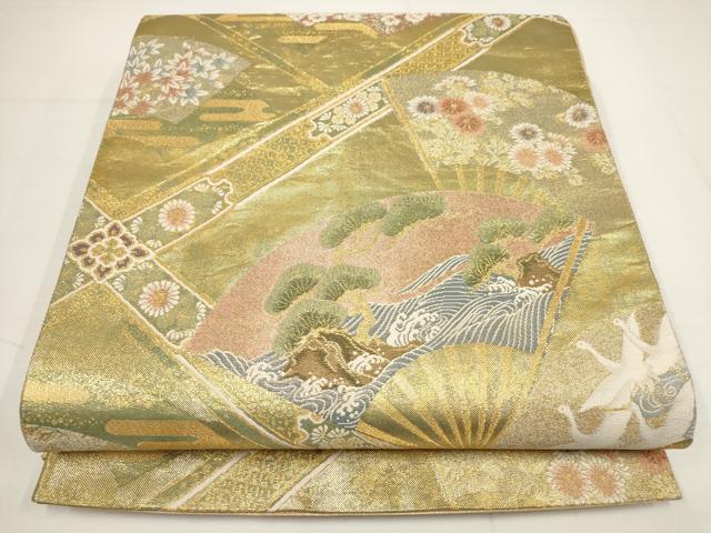 平和屋着物▼六通柄袋帯 扇面花鳥文 金糸 正絹 逸品 AABA8342wj