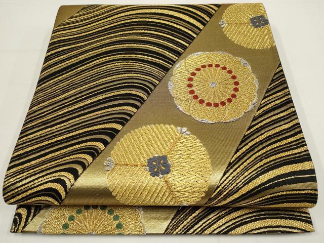 平和屋着物▼六通柄袋帯 斜め取り花文 黒地 金銀糸 正絹 逸品 AABA8347wj