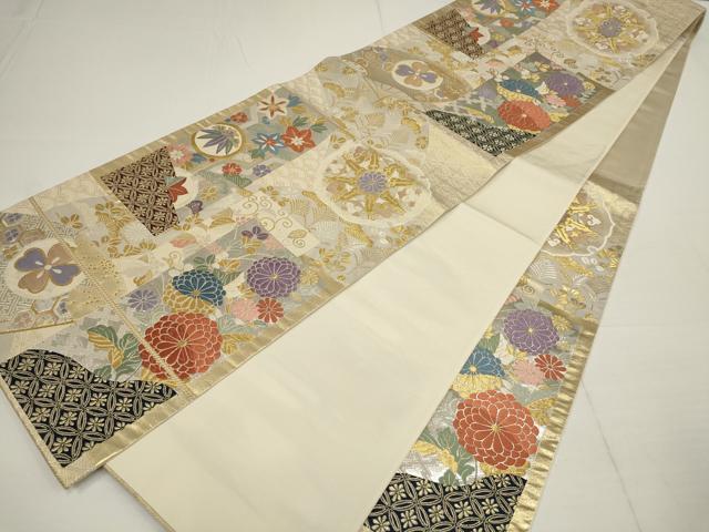 平和屋着物▼六通柄袋帯 唐織 松竹梅 色紙花文 金銀糸 正絹 逸品 AABA8377wj