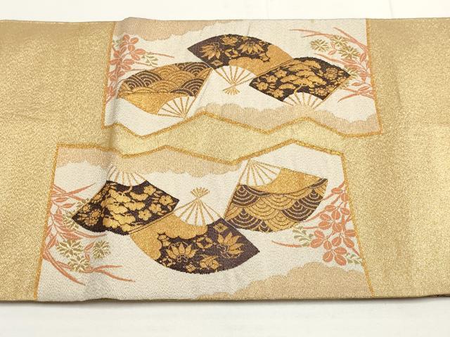 平和屋着物▼綴れ 太鼓柄袋帯 扇面花文 金糸 正絹 逸品 AABA8487wj