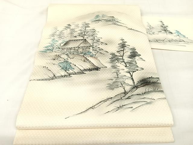 平和屋着物◎九寸名古屋帯 手描き 遠山風景文 正絹 逸品 AABA8663uw