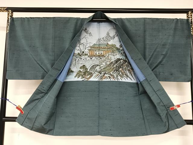 平和屋着物●男性 紬 アンサンブル 色無地 藍墨茶色 正絹 逸品 AABA8819zg
