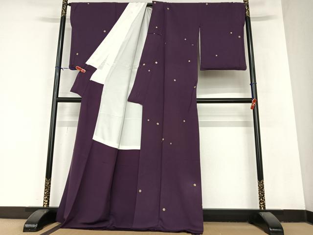 平和屋着物●上質な小紋 刺繍 丸文 似せ紫色地 大丸扱い ロング丈 正絹 逸品 AABA8834zg