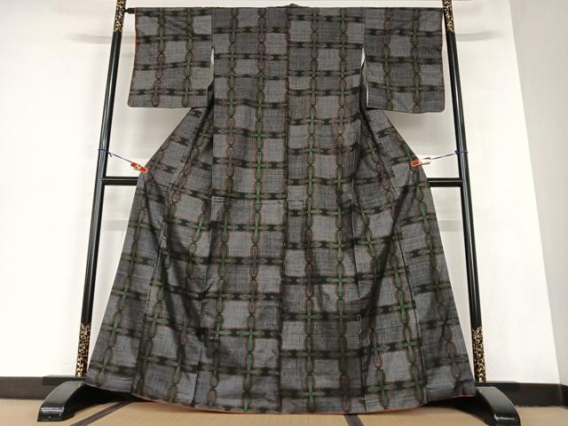平和屋着物●本場大島紬 一元絣 幾何学花文 正絹 逸品 AABA8850zg