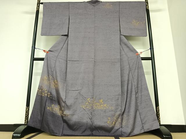 平和屋着物●訪問着 紬地 草花文 金彩 正絹 逸品 AABA8862zg