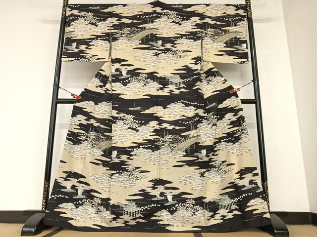 平和屋着物●染織の名門 しょうざん 生紬 松竹梅飛鳥文 黒地 正絹 逸品 AABA8864zg