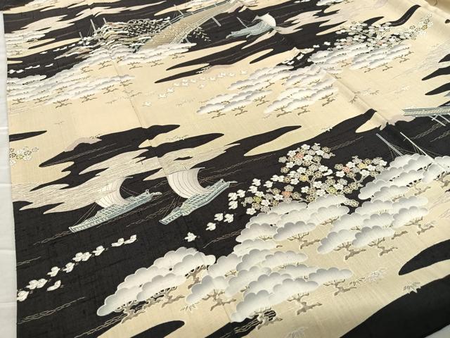 平和屋着物●染織の名門 しょうざん 生紬 松竹梅飛鳥文 黒地 正絹 逸品 AABA8864zg