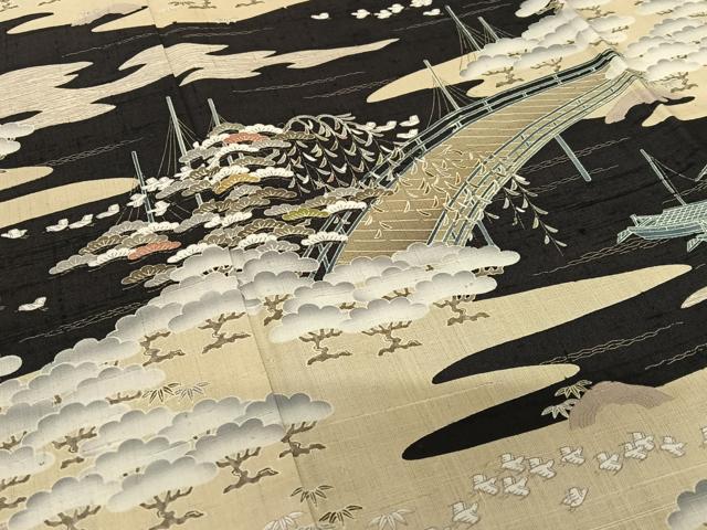 平和屋着物●染織の名門 しょうざん 生紬 松竹梅飛鳥文 黒地 正絹 逸品 AABA8864zg