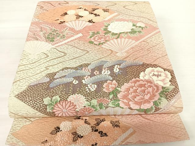 平和屋着物◎六通柄袋帯 唐織 扇面花文 金糸 正絹 逸品 AABA8980yx