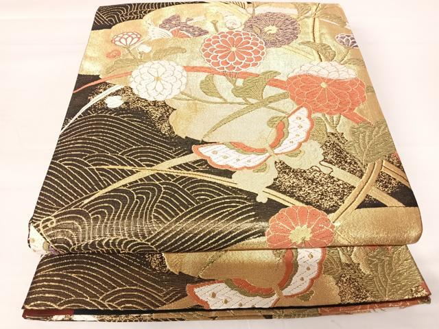 平和屋着物◎六通柄袋帯 唐織 花蝶文 金糸 正絹 逸品 AABA9064yx