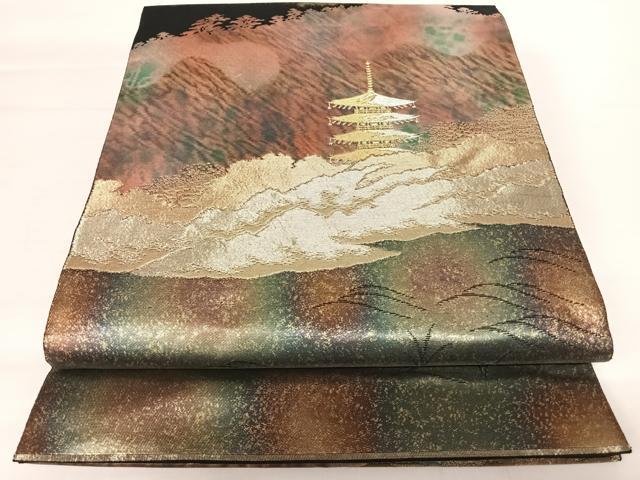 平和屋着物◎六通柄袋帯 風景文 金糸 正絹 逸品 AABA9100yx
