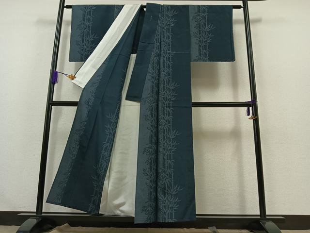 平和屋着物▽本塩沢 単衣 110亀甲 笹竹文 正絹 逸品 AABA9139jh